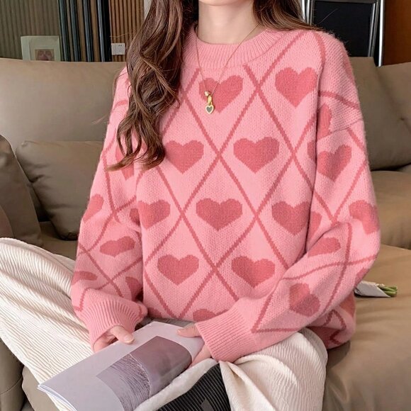 Pink Casual Womens Heart Pattern Drop Shoulder Oversized Sweater - Picture 3 of 5